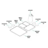 Trays set and carafe exploded view, light gray matte finish, nesting tray design with four circular coasters, studio product diagram.