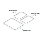 Jane Trays Set schematic, three rectangular trays in black outline, stacked to display varying sizes—medium and large—on a white background.