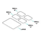 Acrylic tray set, including one large rectangle and four small trays—A, B, C, D—with varied shapes and glossy finish, studio shot.