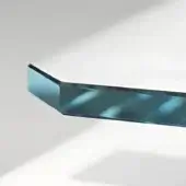 Tempered glass shelf, teal color, curved angular shape with beveled edge, displayed against a white backdrop with directional lighting.