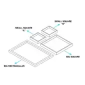 Nested trays set, light gray metal, rectangular and square shapes, minimalist frame design, monochromatic palette, isometric illustration.