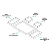 Samurai Trays Set exploded view, light gray metal, rectangular and square components, minimalist geometric design, white background.