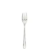Silver dessert fork with three tines and teardrop handle, polished stainless steel, centered on white background, classic utensil design.