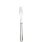 Shellfish knife, stainless steel, slender blade with curved neck and cylindrical polished handle, minimalist design, reflective surface.