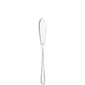 Fish knife, silver-toned stainless steel, curved blade with notched tip and teardrop handle, polished reflective finish, minimalist design.