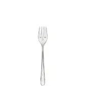 Silver fish fork, stainless steel, four tines with curved edge and teardrop finial, polished reflective surface, minimalist design, white background.