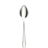 Silver spoon with elongated bowl and teardrop handle, polished reflective surface, centered on white background, diffused lighting.