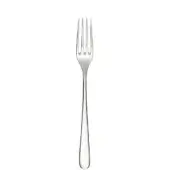 Stainless steel table fork with four tines, slender handle, and rounded base, displayed on a white background with diffused lighting.