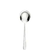 Stainless steel soup spoon, polished silver finish, rounded bowl and slender tapered handle, minimalist modern design against a white backdrop.