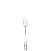 Silver fruit fork with four tines, slender neck, and rounded teardrop handle, polished metal, minimalist design, white background.