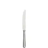 Stainless steel fruit knife with curved serrated blade and polished elongated handle against a white backdrop.