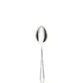 Silver fruit spoon with oval bowl and pointed handle, polished stainless steel, centered on white background, diffused lighting.