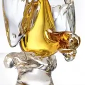 Glass parrot sculpture, clear with amber accents, dynamic pose, textured base, studio lighting, internal swirls, transparent wings.
