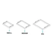 Transparent acrylic trays, dark gray frame, rectangular shape with handles, arranged in ascending size order against a white backdrop.