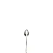 Silver coffee spoon with oval bowl and tapered handle, centered on white background, polished reflective surface, stainless steel material.