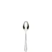 Silver teaspoon with elongated oval bowl and tapered handle, polished stainless steel, centered on a white background.