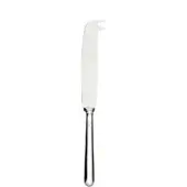 Cheese knife, silver metal, broad curved blade with notched tip and slender tapered handle, polished reflective finish, white background.