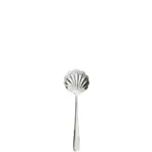 Silver cheese spoon with scalloped, grated bowl and slender handle, centered on a white background with diffused lighting.