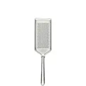 Stainless steel parmesan grater with curved rectangular shape and dense circular holes, featuring embossed “METEOR” and “MADE IN ITALY” text.