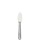 Stainless steel parmesan knife, slender handle, teardrop blade, polished finish, minimalist design, faint vertical markings on handle.
