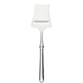 Silver parmesan slicer with rectangular blade, trapezoidal frame, and teardrop handle, embossed with an "S" detail.