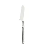 Stainless steel cheese knife with curved blade and slender, tapered handle, polished finish, vertical markings, minimalist design.
