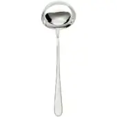Silver ladle with rounded bowl and slender handle, polished reflective surface, minimalist design, studio product shot on white background.