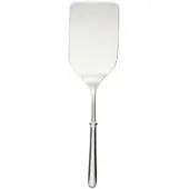 Stainless steel lasagna spoon, rectangular blade, ridged neck, tapered handle, polished reflective surface, bright even lighting.