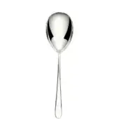 Silver rice serving spoon, polished oval bowl, slender handle, teardrop end, minimalist design, bright metallic sheen, white background.