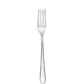 Stainless steel serving fork with four curved tines and a slender, teardrop-shaped handle against a white backdrop.