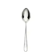 Stainless steel serving spoon, polished oval bowl, slender handle, teardrop end, minimalist design, bright silvery tone, seamless construction.