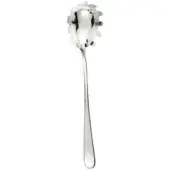 Stainless steel spaghetti spoon, elongated bowl, scalloped edge, polished finish, slender handle, brushed metal, studio product shot.