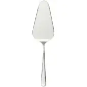 Stainless steel cake server, teardrop blade, curved handle, polished finish, formal setting, white background.