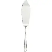 Stainless steel cake server with curved blade, scalloped edge, and teardrop handle, polished finish, studio shot.