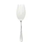 Silver fish serving fork, stainless steel, three wide tines and broad scoop, slender handle, polished reflective finish, minimalist design.