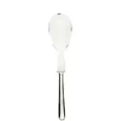 Serving spoon with clear plexiglass bowl and polished stainless steel stem, featuring minimalist modern design and contrasting materials.