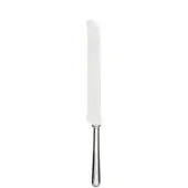 Stainless steel bread knife with serrated blade, polished finish, and silver-toned metal handle, displaying “Sabatier” etching.