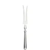 Carving fork with polished metal handle, bulbous end, and two sharply pointed, curved tines against a white background.