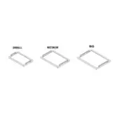 Tray set isometric drawings, light metal frames, rectangular shape, labeled small, medium, big, minimalist design, white background.