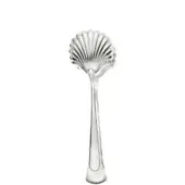 Silver bread tongs with scalloped head and teardrop handle displayed on white background, featuring polished metallic finish.