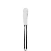 Stainless steel butter knife with rounded rectangular blade, polished finish, and ridged elongated handle marked with “HC”.