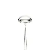 Silver sauce ladle, stainless steel, rounded bowl with slender handle and polished reflective sheen against a white backdrop.
