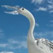 Glass flamingo sculpture, translucent white with black accents, elongated neck and upward-tilted head against a blue sky.