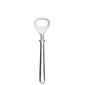 Silver bottle opener with slender handle and circular loop, displaying a polished metallic finish against a white backdrop.