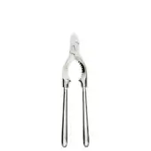 Silver champagne tongs with rounded notches, polished metal, curved handles, and a minimalist design for secure flute gripping.