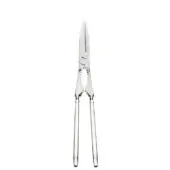 Silver lobster tongs with elongated handles and ridged grip, featuring a scissor-like blade and symmetrical, functional design.