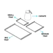 Giove Trays Style Carafe diagram showing three rectangular trays—big, medium, small—and a white carafe with handle, in white line art.