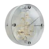 White takto presto wall clock with exposed gold mechanical gears, circular glass casing, and three silver mounting posts.