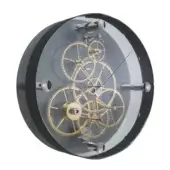 Wall clock, black metal frame, exposed gold gears, transparent face, cylindrical accents, silver hands, studio shot, mechanical design.