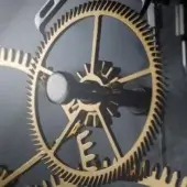 Mechanical timepiece takto presto details, brass gears in circular arrangement, silver component, black levers, precision engineering.